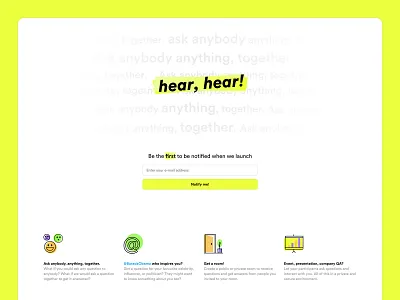 Splash page for Hear, hear! beta branding illustrations launching soon page sign up splash splash page visual website work in progress
