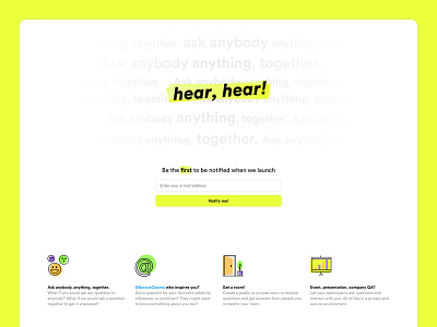 Splash page for Hear, hear! beta branding illustrations launching soon page sign up splash splash page visual website work in progress