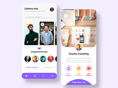 Caffeine Hub app appdesign clean clean ui colorful community design designer friday gradient minimal minimalist mobile ui modern neumorphism purple trending ui design uiux uiuxdesign