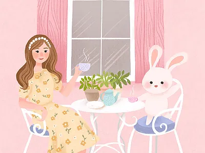 Teatime with Bunny character character design girl illustration illustration pastel