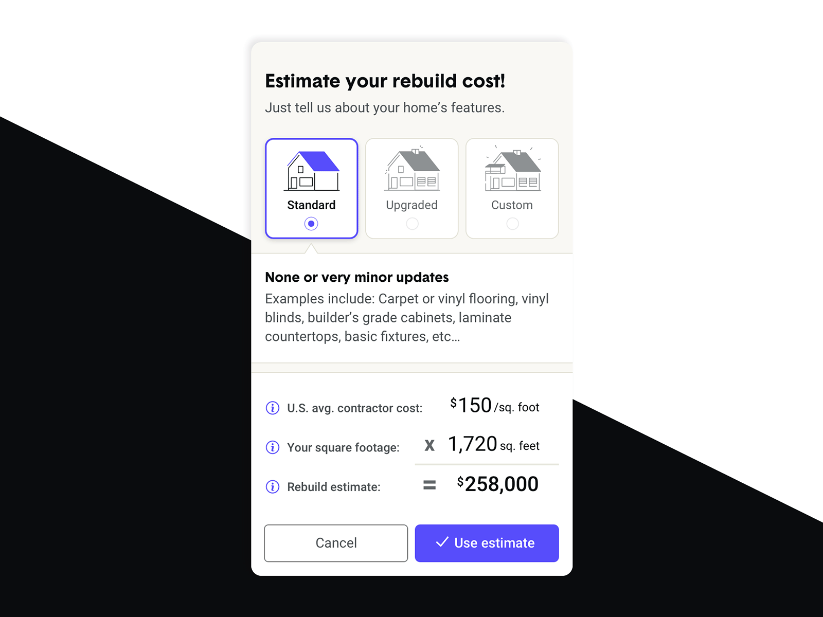 Rebuild cost estimator — Animation animation design minimal product design ui ux uxui