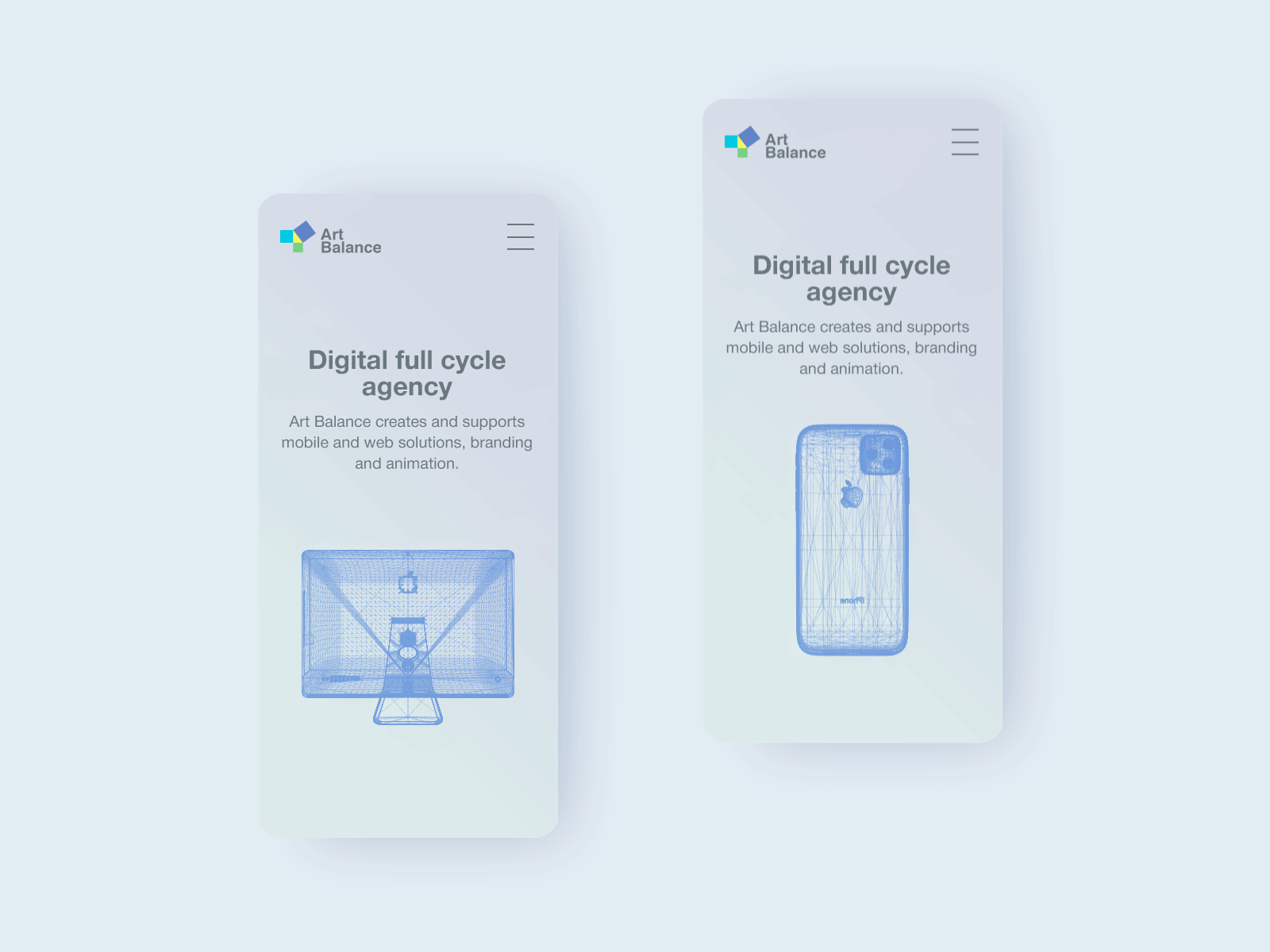 Art-Balance. Digital agency. 3d animation app clean digital imac iphone liquid minimal minimalistic mobile modern motion neomorphism neumorphism simple tecnology ui uiux wave