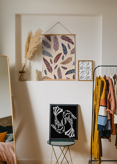 Feathers, Cranes, and Koi Fish Art Prints cute design drawing feathers home decor illustration koi fish origami cranes pattern pattern design wall art