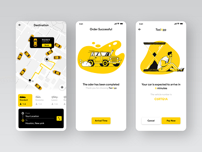 Taxi App #001 adobe adobexd app black clean colors design illustation new online popular popular design shot taxi taxi booking app ui uiux yellow