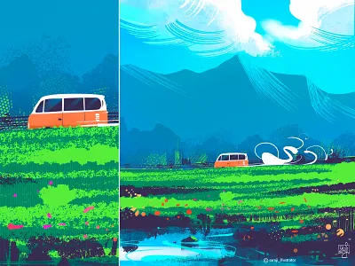 Travel vibe clouds editorial illustration flag design illustration illustrator landscape nature illustration procreate travel van vibe