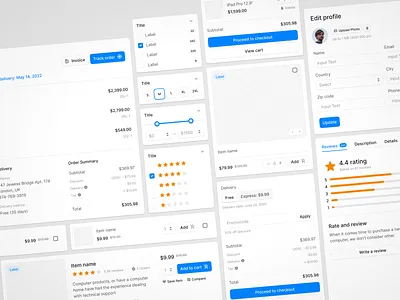 Ecommerce Cards cart design system ecommerce figma filter form item order rating reviews shop ui ui kit ux