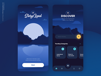 Story Land - Mobile App Design Concept app app design concept dark blue dark mode dark ui graphics illustration mobile mobile app mobile app design mobile apps navy blue story