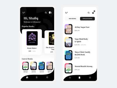 Lifemasto - Online Book shop Screen Design app app design application black and white book list book shop buy cart dark dark app e commerce health landing page minimal online book shop online shope purchase store