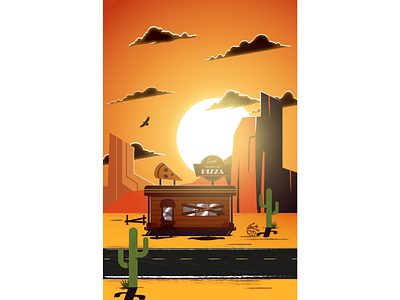 Abandoned Pizza Diner cactus clouds color desert design food illustration landscape light pizza road rocks silhouette sky sun sundown sunlight vector