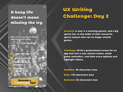 UX Writing Challenge: Day 2 daily dailychallenge experiment promo promoscreen research research development rugby user experience ux ux design ux writing uxchallenge uxwritingchallenge