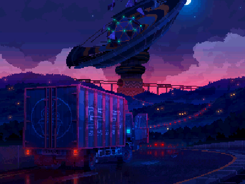 Refuge 8 bit animated cyberpunk gif illustration loop night pixel retro satellite