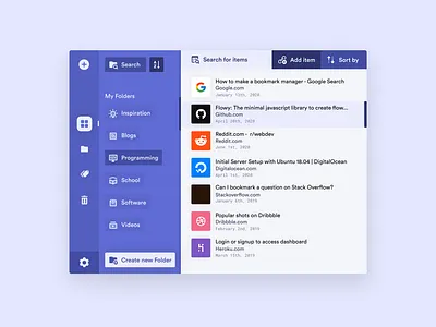 Bookmark Managment App app bookmark browser calm colorful concept dashboard debut encrypted extension extensions flat links manager purple ui vault