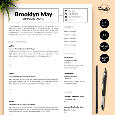 Legal Resume for Word & Pages “Brooklyn May” attorney cv template attorney resume corporate lawyer curriculum vitae cv template lawyer cv template lawyer resume legal cv template modern resume professional resume resume for lawyer resume for lawyers resume for word resume template resume template word resume with cover resume with photo