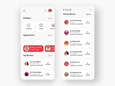 Dental Care App #004 adobexd app app design awesome design black clean colors dental dentalcare design illustration landing new popular red ui white