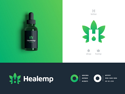 Healemp - Brand Identity brand brand identity colors dropper dropper bottle green green gradient green logo h h logo hemp hemp logo hemp oil letter logo marijuana weed weed logo weeds brand