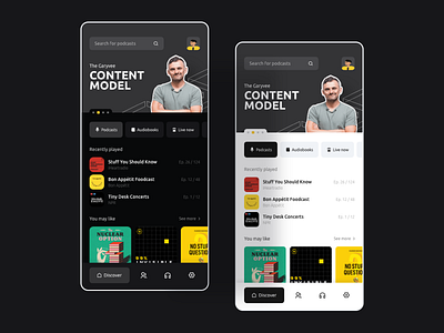 Podcast app adobe xd audio black catecories clean community dark design explore home library mobile mobile app mobile app design modern motivation navigation podcast ui ux