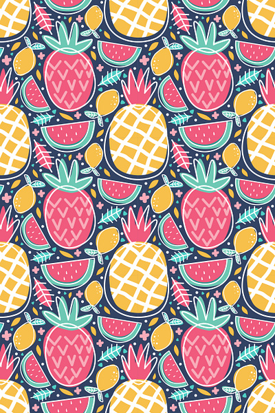 Tropical fruit seamless pattern colorful fabric fruit leaf lemon nature pattern pineapple print seamless seamlesspattern surface surfacepattern tropical vector wallpaper watermelon