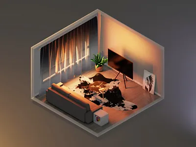 Evening in the living room 3d apartment blender interior design isometric living room midcentury room