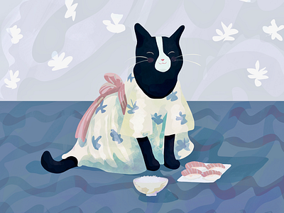 Black and white cat wearing a kimono adorable animal illustration bento cat children cute illustration japan japanese kawaii kimono rice sushi