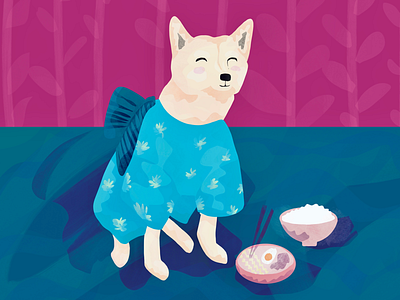 Akita wearing a kimono akita animal cute dog illustration japanese kawaii kimono ramen rice shiba inu