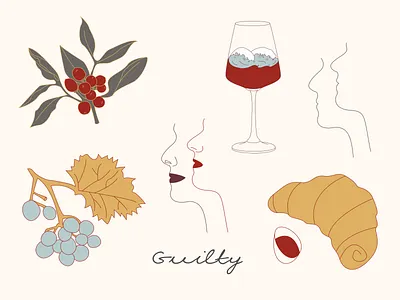 stickers for coffee and wine bar GUILTY beans branding coffee conceptual design illustration line art portrait poster sea stickers vector wine