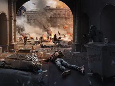 Matte painting. Revolution in big city child death design destroy fire matte painting photoshop political social war