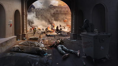 Matte painting. Revolution in big city child death design destroy fire matte painting photoshop political social war