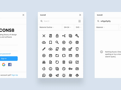 Icons8 Figma Plugin animation app design desktop figma icons input interface light material native panel plugin search svg ui ux white window