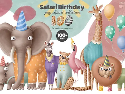 Safari birthday party collection africa animals birthday cartoon character design kit doodle drawing illustration party safari scene creator summer
