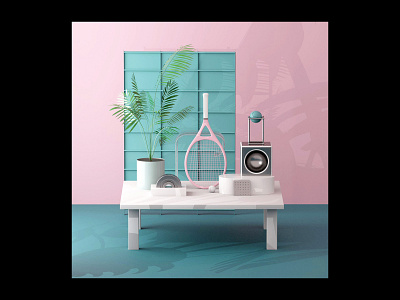 Summer Tennis abstact abstactart arnold c4d cinema4d colors illustration installation installationart palm pink retro set setdesign shadows studio summer tennis tennis ball vintage