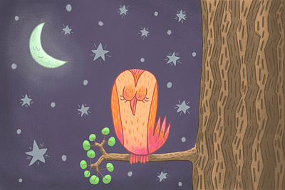 Sleepy Old Owl cartoon comic design digitalart illustration moon owl procreate stars tree