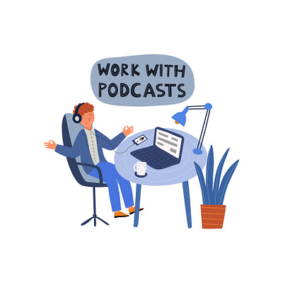 Take a break with poscast computer educate flat freelancer illustration listen men office poscast relax stress typography vector work