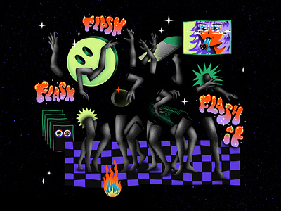 FLASH IT blackandwhite brushes colorful dancer fire flash hand illustration illustrator party patterns photoshop smiley face stars texture