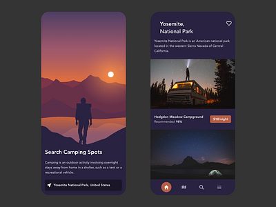 Camping Spots adobe xd adventure app app design beautiful camping clean dark design minimal national park nature night nomad prototype sleep sleepy ui xd yosemite