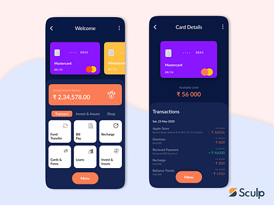 Banking App - UI app design application bank card credit card dark invest modern savings transaction ui uidesign uiux