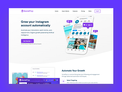 Socialpop.io Web and Branding clean ui design faqs footer form freelance freelancer growth header hero image icons illustration instagram social app social media design social media pack social network social pop ui ux website