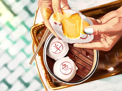 London Eats | Bunhouse Custard buns bao bun bunhouse buns chinese custard custard buns duck egg egg food foodillustration hands illustration lighting patterns salted egg shadows sunlight taiwanese tiles