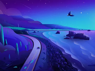 Pacific Coast Highway in - Oregon blue cannabis car coastal eagle illustration landscape moon nature night road sea sleep travel trip vector