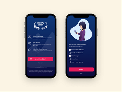 Survey and Offer pages app app design cloud dark dark mode dark theme dark ui design illustration light mobile mobile design mobile ui offer page safety special special offer storage survey uidesign