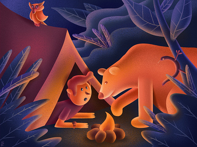 Intruder bear camping illustration night