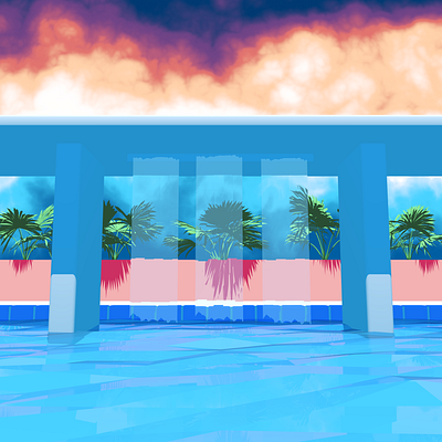 Pool Storm beach blue clouds cloudy editorial art green illustration miami beach minimalism minimalist orange palms pool pop art purple spring storm summer sunny waterfall