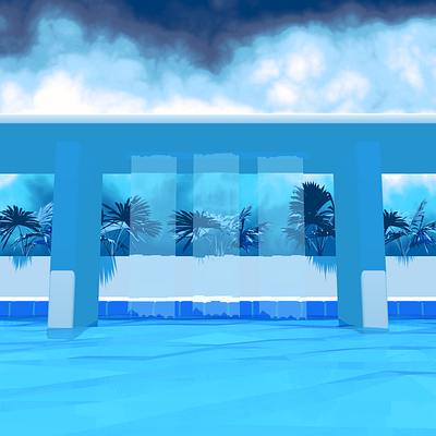 Pool Storm - Blue 80s blue cloudy deco editorial art illustration miami beach minimalism minimalist monochromatic palms pool poolside pop art retro spring stormy summer sunny waterfall