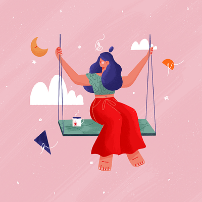 the swing character design giant feet girl illustration moon pattern procreate swing tea texture