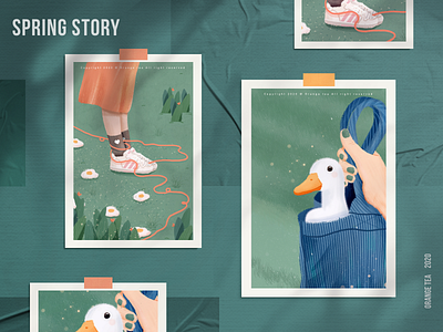 Spring story 05 bag blue design duck flower girl green illustration lovely orange plant skirt 插图 设计