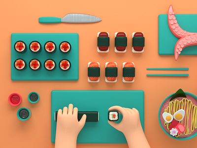 Sushi night 3d chef cinema4d cook illustration japan kitchen octane octopus ramen salmon sushi sushi roll tuna