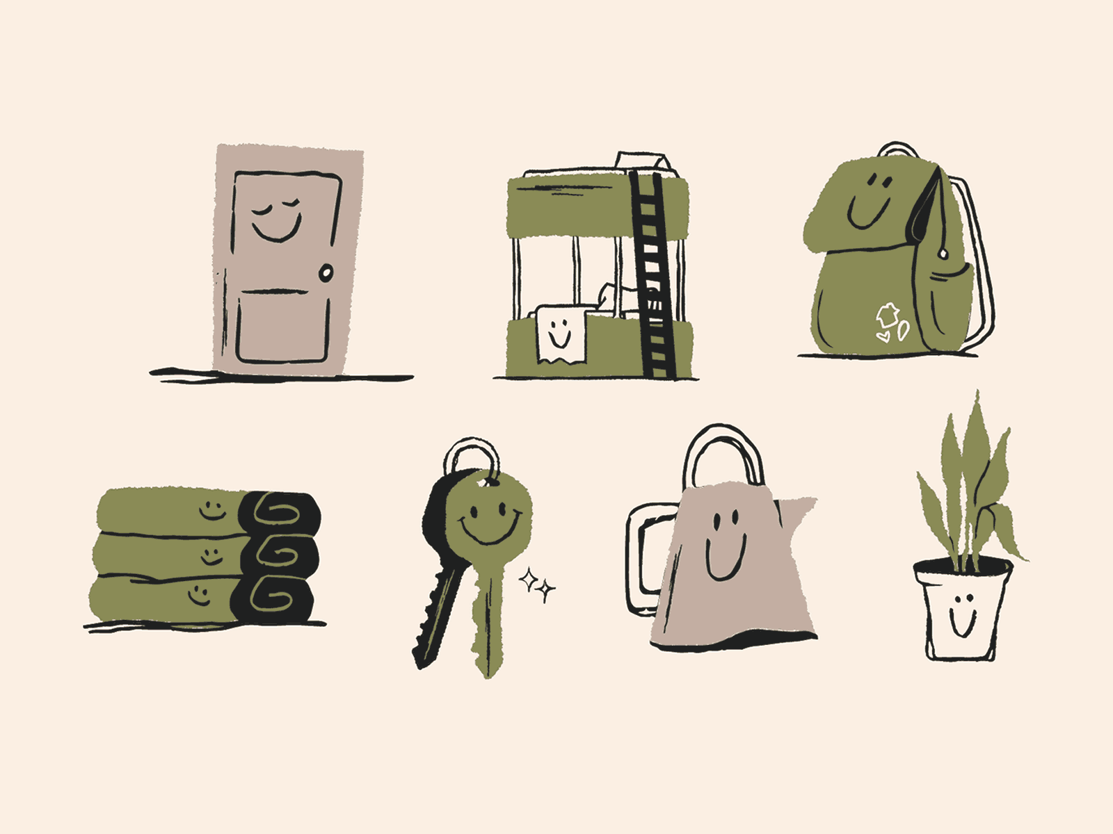 Cove Youth Hostel Brand Illustrations art backpack branding doodle door doors green hostel icons illustration kettle keys plant procreate rough sketch towels vector youth