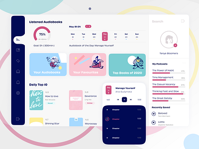 Bookshare - Audiobooks App 🎧 calendar clean dashboard design desktop flat illustration pastels player profile progressbar schedule tiles timeline