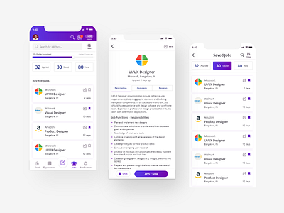Job portal application adobe xd apply job company details job job application job listing job portal job search mobile app mobile app design mobile design mobile ui save job search ui ux ui design xd design