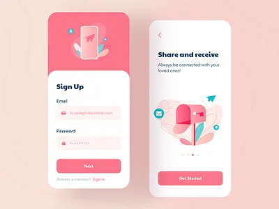Sign Up and Walkthrough app clean color concept dailyui design email gradient illustration message minimal modern notification phone pink sign in sign up typography ui walkthrough