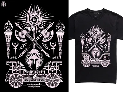 Deceitful Man ancient ancient greece ancient greek axe chariot fire flame greece greek hades helmet spear thunder torch tshirt tshirt design